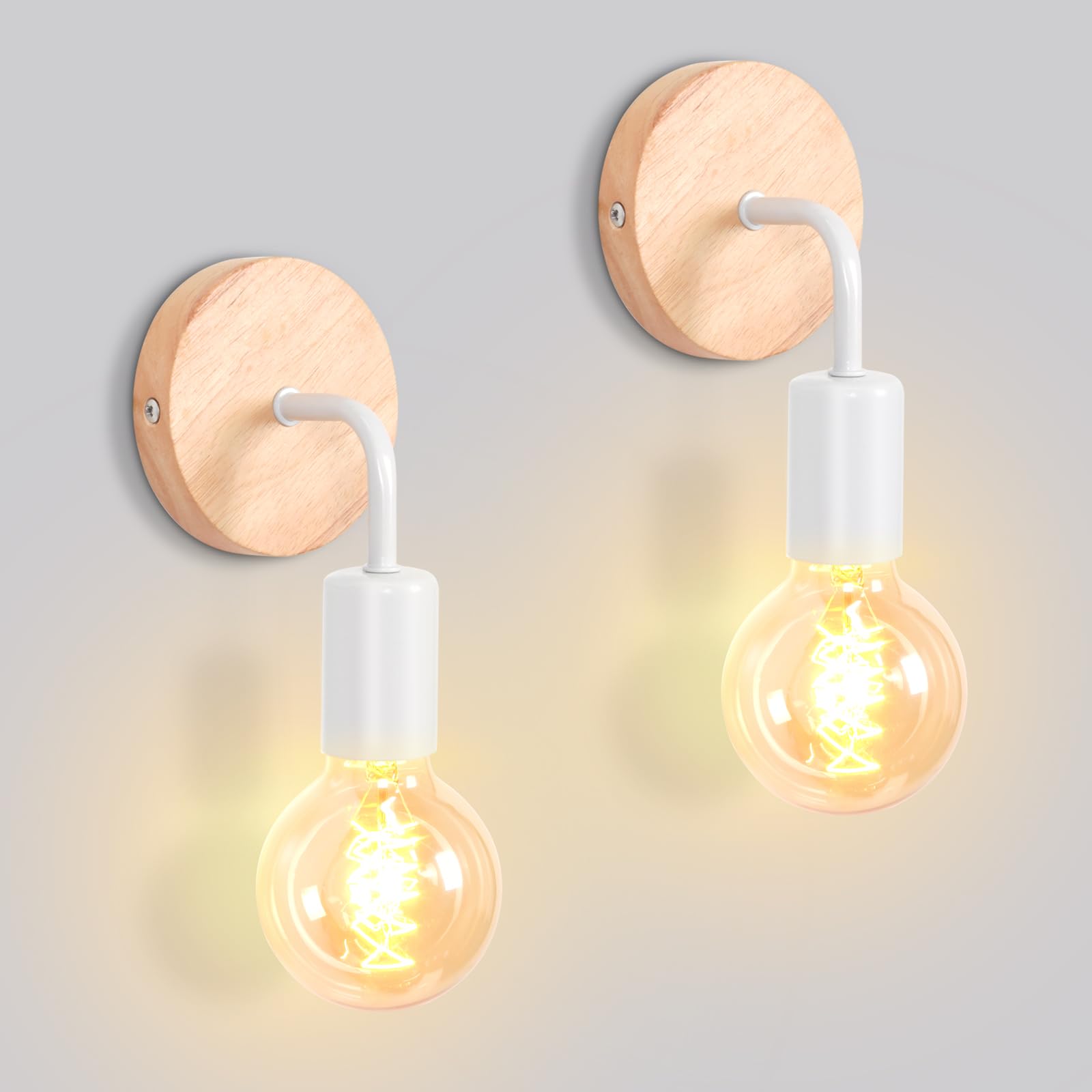 iDEGU Lot de 2 Appliques Murale Interieur Lampes Murale en Métal et Bois E27 Éclairage Mural pour Chambre, Salle de Bains (Support Bois - Blanc)
