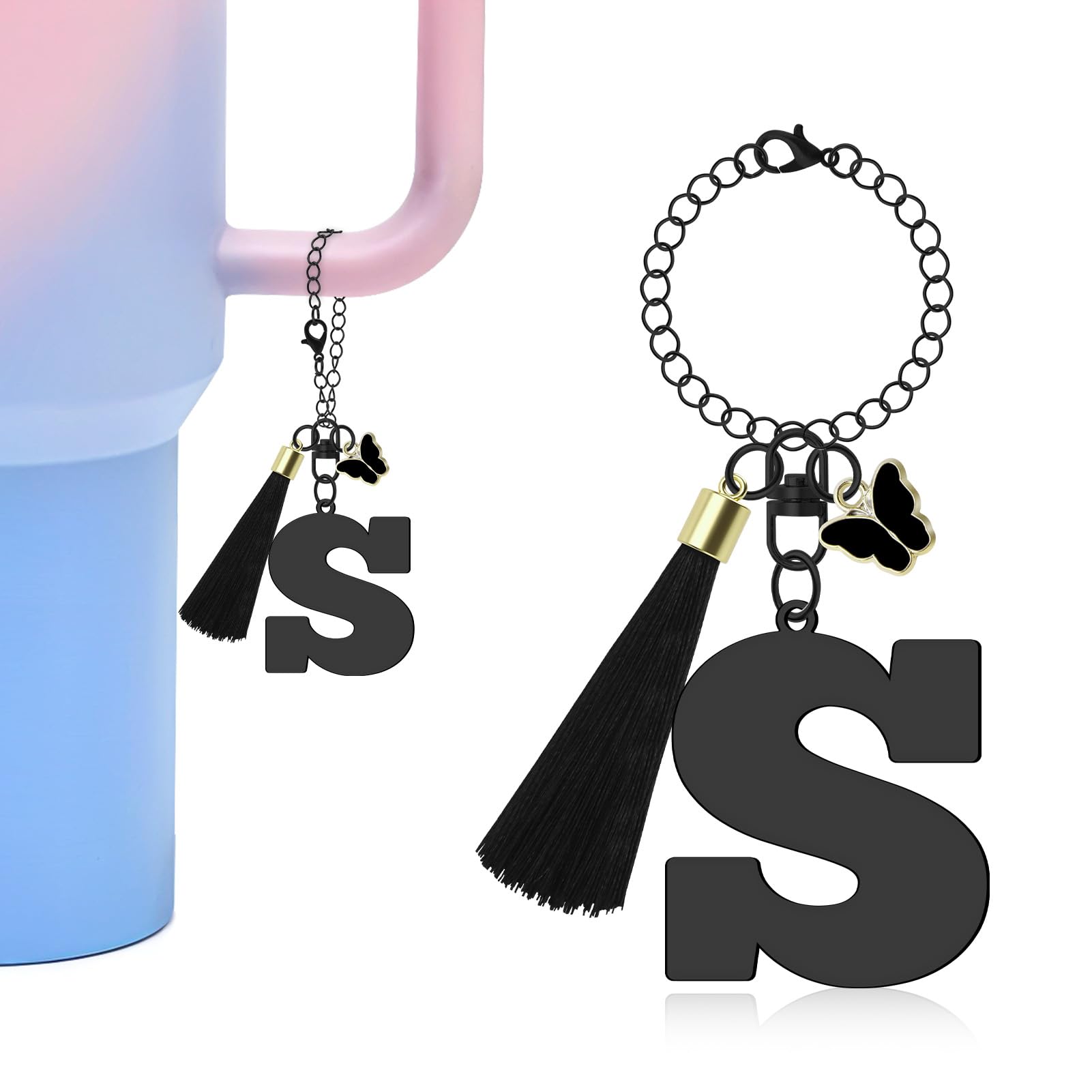 Ximalun Letter Charm for Stanley Cup with Handle,Initial A-Z Letter Charms with Butterfly Tassel for Women Tumbler Cup Handle