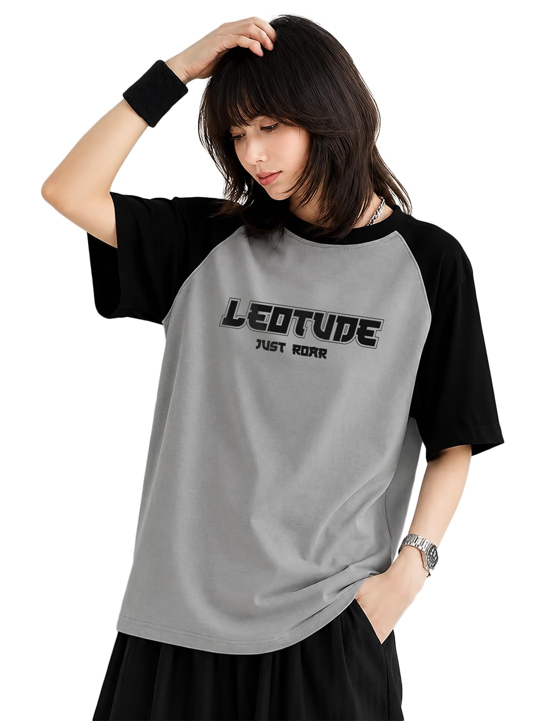 leotude Half Sleeve Round Neck Tshirt for Women, Oversized Longline Printed Multicolour Drop Shoulder Baggie Top for Womens (Color Grey)-picture-20