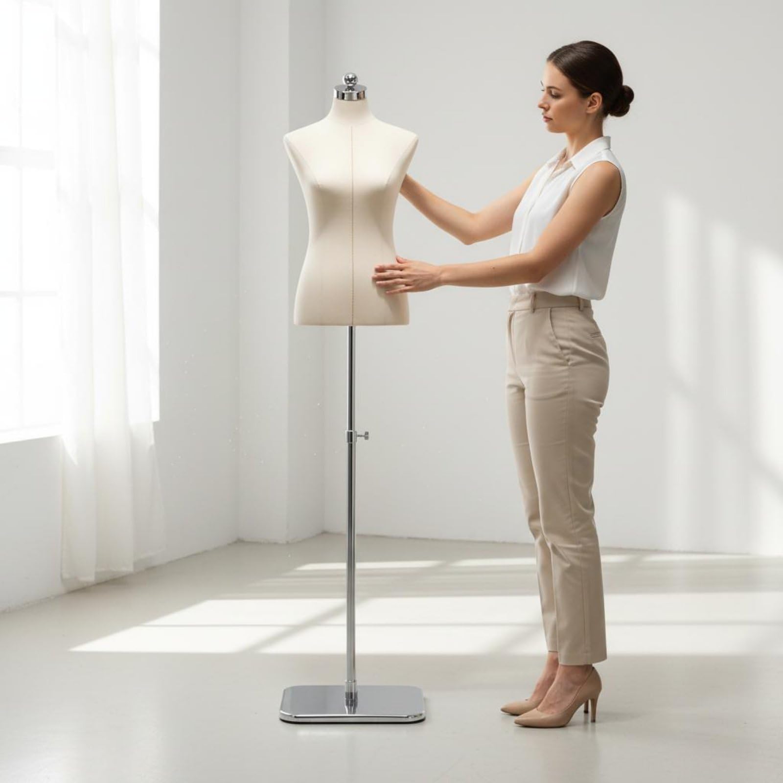 Manichino Donna per Sartoria Busto da Vetrina Torso Femminile per Cucito Modello da Lavoro Superficie Puntinabile , Nero , Base Triangolare Nera
