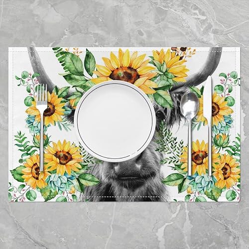 Pack Of 4 Highland Cow Jejeloiuu Placemats,Highland Cattle Sunflower Placemat For Kitchen Dining Table Decorationreversible Animal Botanical Yellow Floral Table Place Mats,18"X12" #TOP1