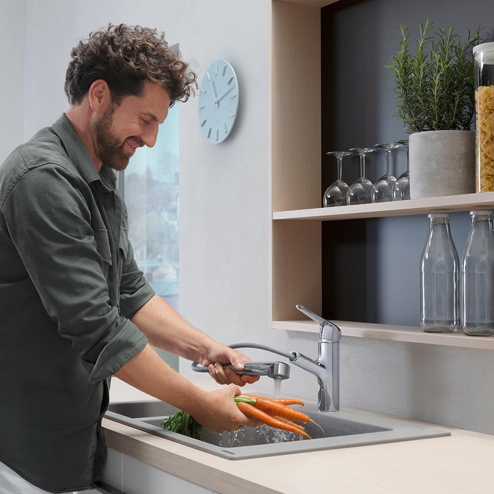 hansgrohe Focus M42 - Küchenarmatur mit Brause ausziehbar, 1 Stahlart, Wasserhahn Küche mit Auslaufhöhe 150 mm, Mischbatterie Küche schwenkbar, Chrom, 71814000