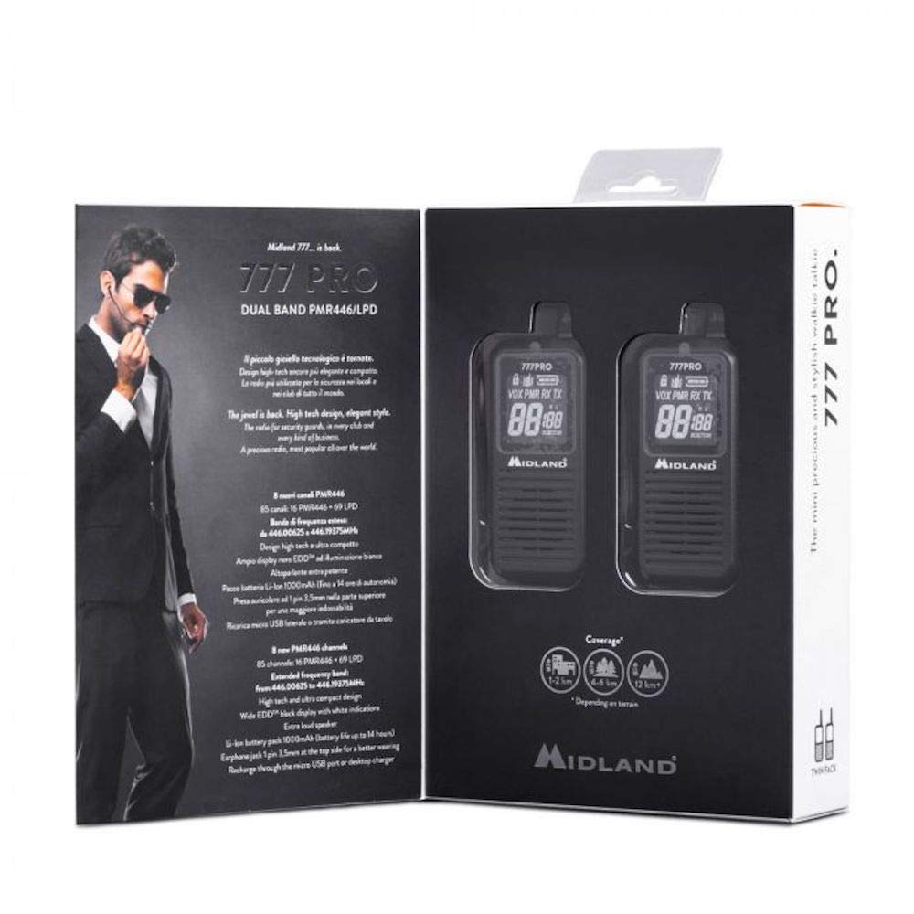 Midland - Walkie Talkie 777 Pro, 2 Ricetrasmittenti Professionali per Security, 85 Canali - 16 PMR446/69 LPD, 38 CTCSS e 104 DCS, Autonomia 14H, Copertura 6Km, Display Digitale, Batterie Ricaricabili