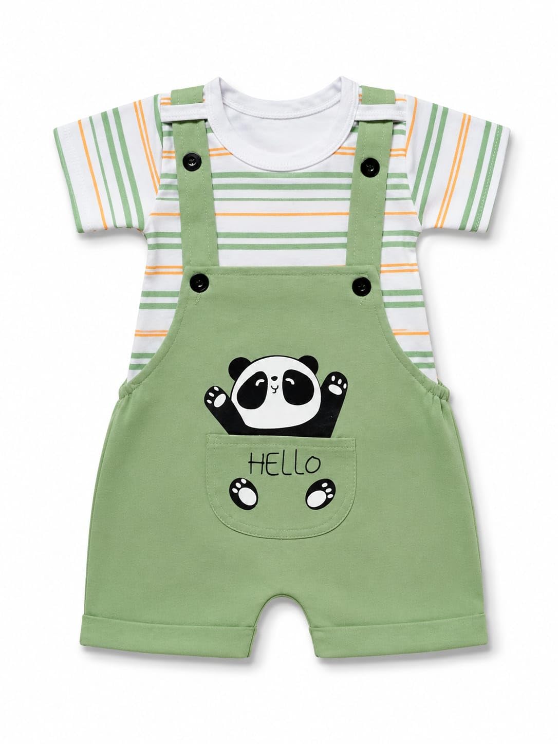 Baby Boys & Girls Cotton Dungaree Romper Set with Striped T-Shirt | Panda Print | Green | 6-24 Months-image-3