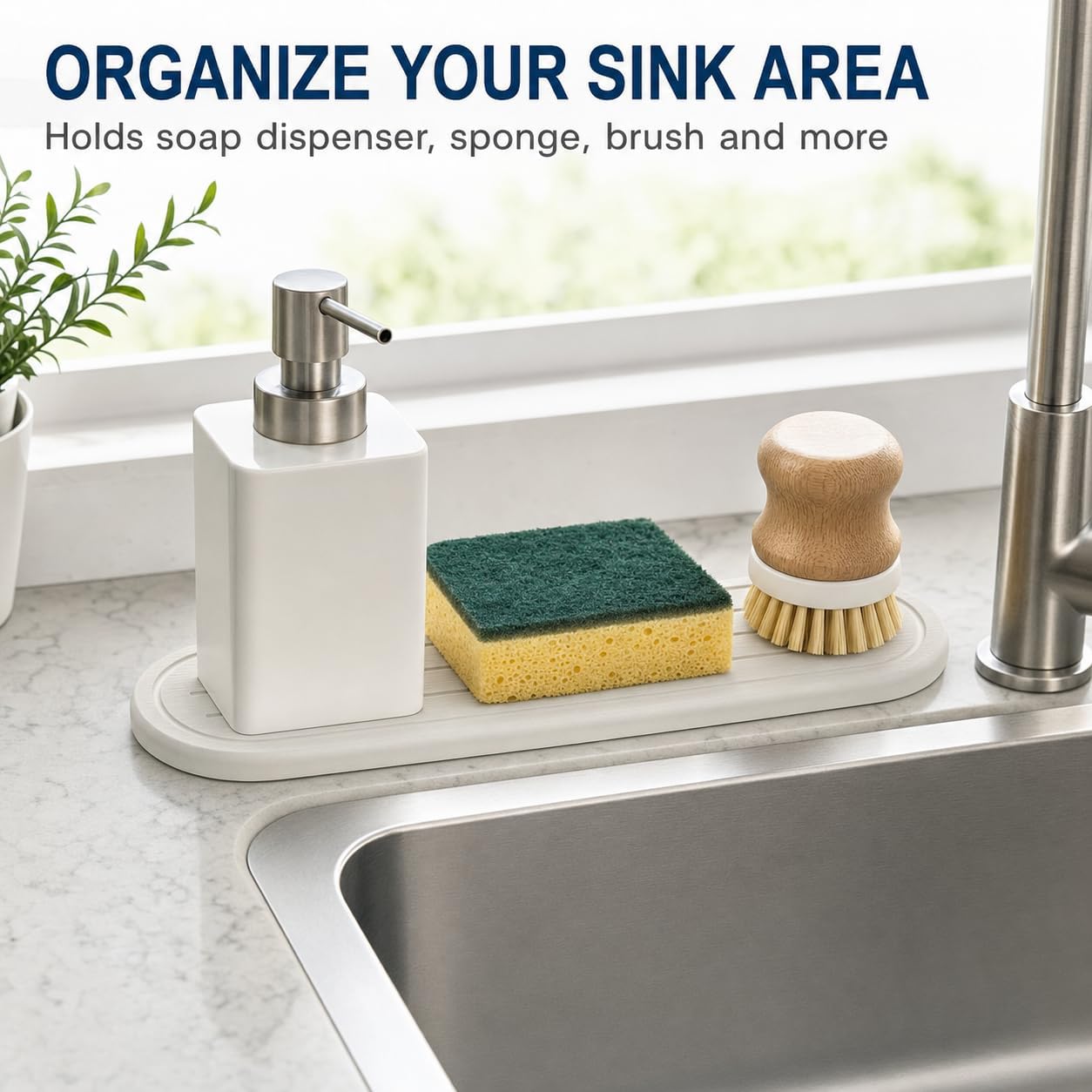 2PCS Water Absorbing Stone Drying Tray Mat for Bathroom Sink & Kitchen Counter Faucet Organizer Decor, Quick Dry Dish Soap Dispenser Sponge Holder, Vanity Sink Caddy Coaster,White -10"*3.8"