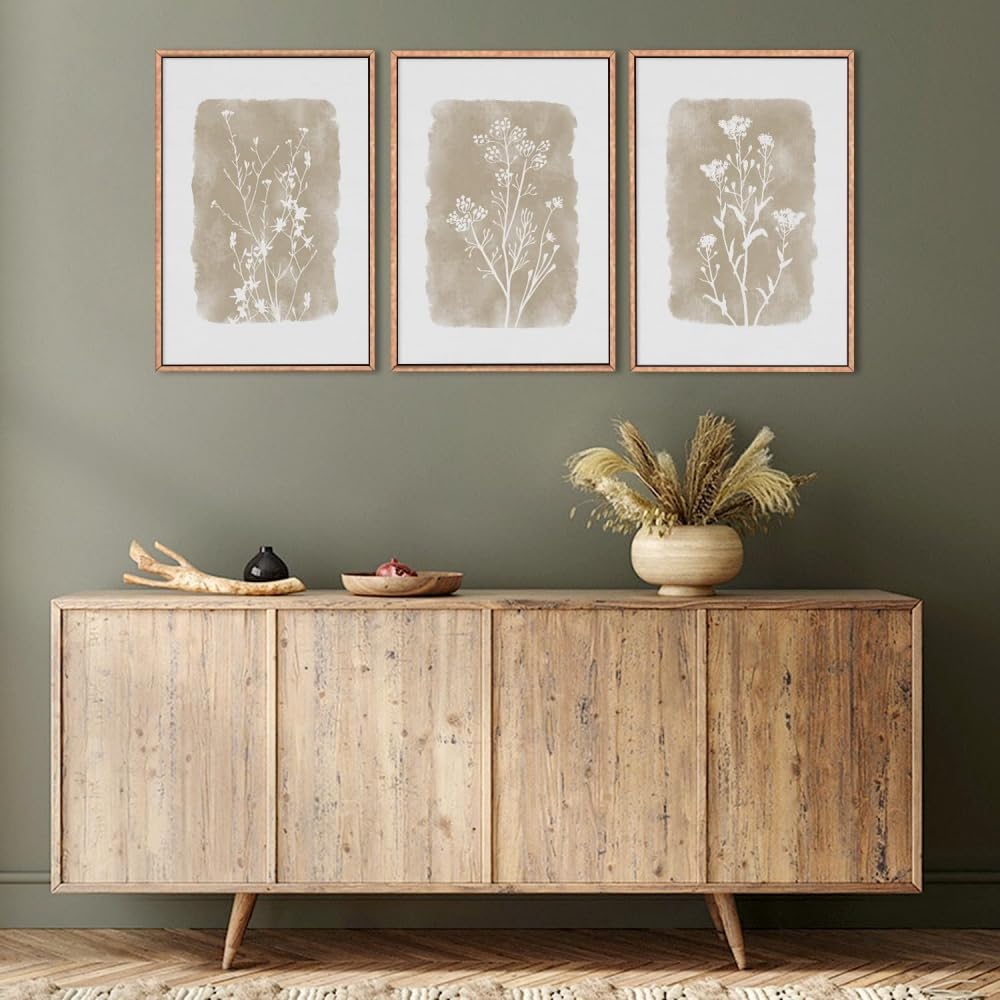 Hurcp White Set Of 3 Canvas Poster Botanical Farmhouse Boho Plant Neutral Minimalist Floral Rustic Wildflower Wall Art Prints Gift Bedroom Living Room Dorm Gallery Corridor Decor Picture,A3 (30X42cm)