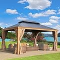 Aoodor 12 x 16 ft Wooden Grain Coated Aluminum Gazebo, Hardtop 2-Tier Black Steel Roof, Wooden Print Frame with Curtain&Netting for Patios, Gardens, Lawns