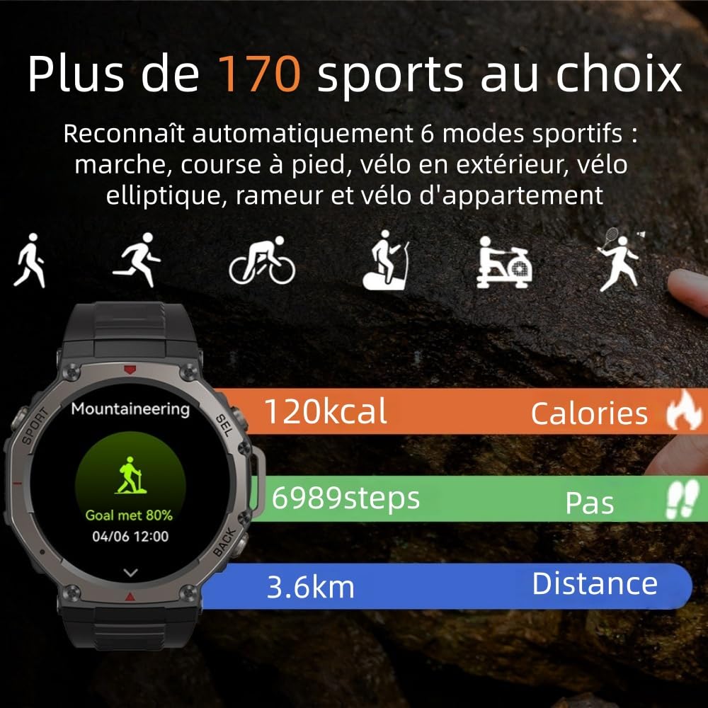 MEIION Mivrass GPS Sports Smartwatch Homme Femme 1.43" Écran Tacile - Appel Bluetooth, Cardiofréquence, Analyse Sommeil, 170+ Modes Sport, Sangle Silicone Souple et Résistante
