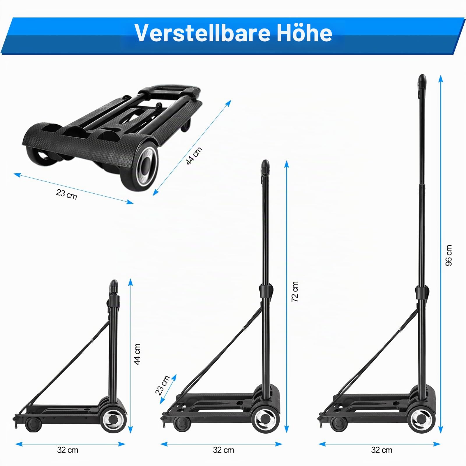 Plattformwagen Sackkarre Klappbar, 50KG Faltbarer Handkarre Kompakt mit Rädern, Mini Transportkarren Handwagen mit Teleskopgriff für Zuhause Büro Einkaufen Reisen