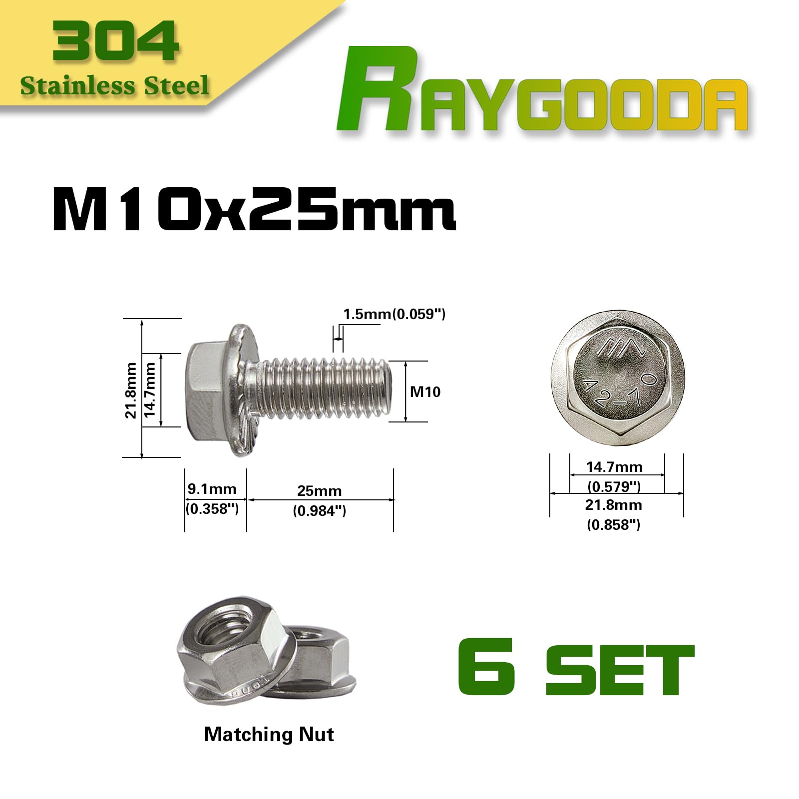 Set di bulloni e dadi a flangia M10 – 1,5 x 25 mm (set da 6) – acciaio inox 304 A2-70, flangia dentata autobloccante, resistente alle vibrazioni, filettatura completa – Costruzione