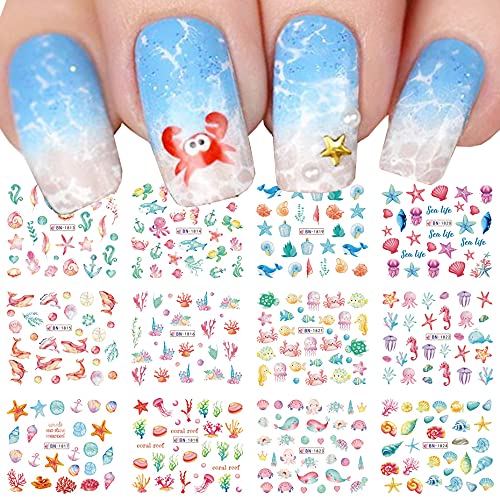 12 Sheet ​Nail Art Stickers Marine Life Fish Water Transfer Nail Decals Stickers Ocean Dolphin Starfish,Etc,Nail Art Stickers Supplies Popular Nail Stickers For Women Fashion Design Accessories For Girl #TOP2