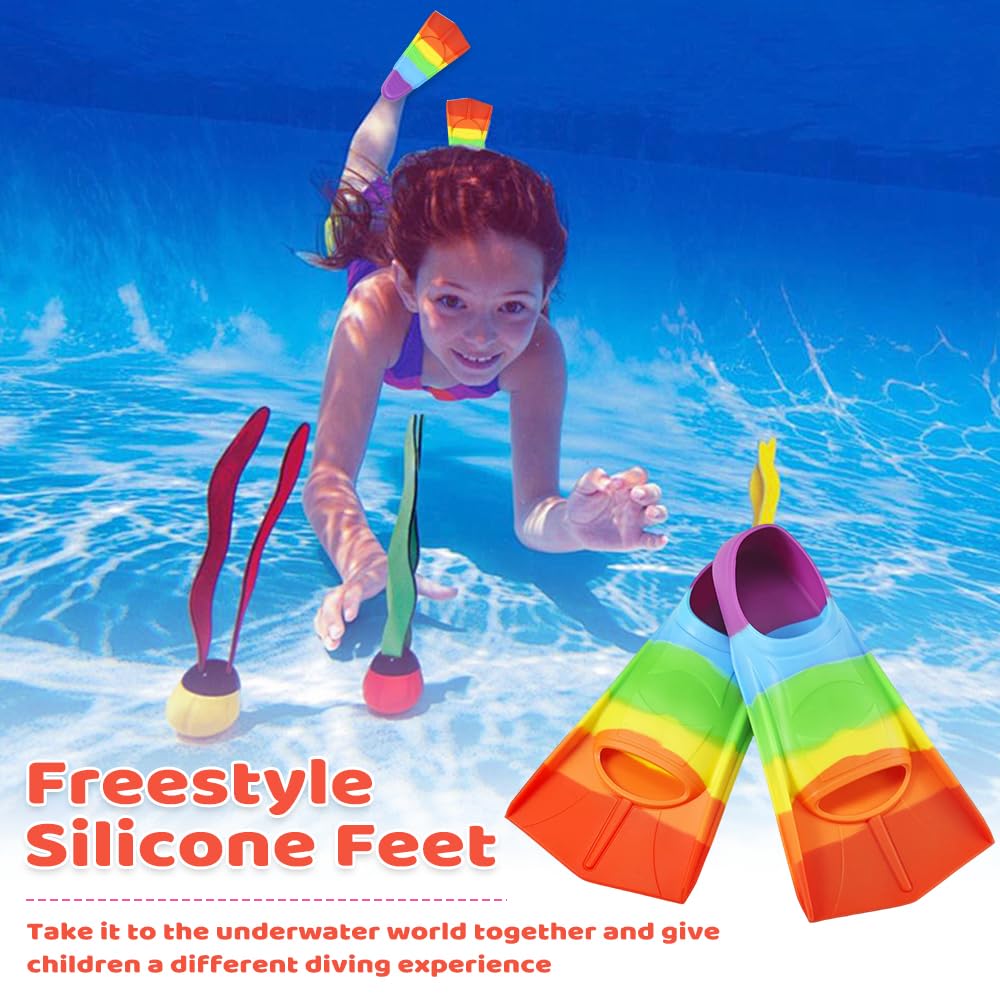 NAVESO Pinne Bambino, Pinne Snorkeling Bambino, Pinne Corte, Pinnette Nuoto Piscina Corte In Silicone, Pinne Da Allenamento Per Il Nuoto( XXS, Arcobaleno)