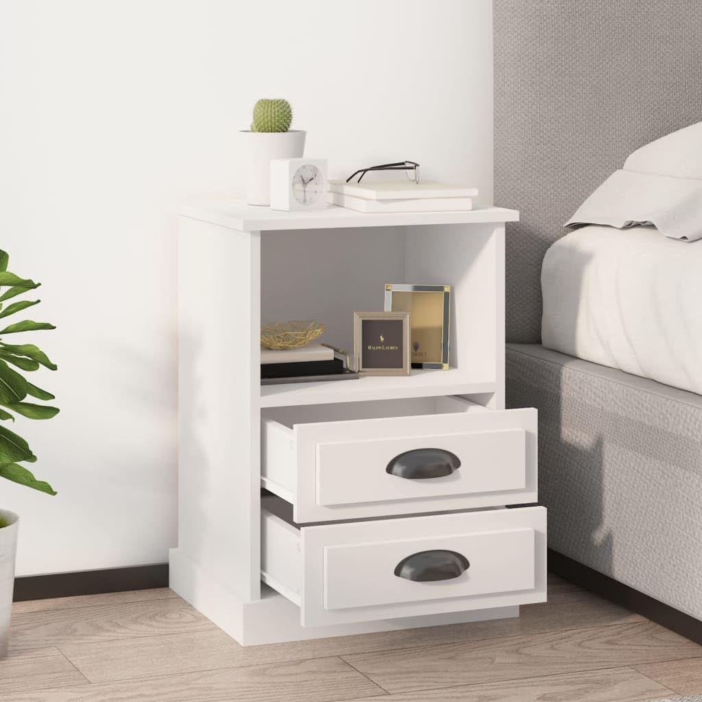 Comodino bianco in legno multistrato 43x36x60 cm con 2 cassetti e scomparto aperto, mobiletto salvaspazio per camera da letto soggiorno ufficio, design moderno e robusto