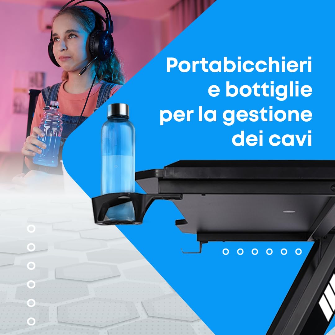 NK Scrivania Gaming LED Ergonomica (120X60cm) - Portabicchieri e Bottiglie, Supporto per Cuffie, Gestione dei Cavi, Scrivania Gaming, Tavolo 1.5cm (Resistenza) Peso Massimo Supportato 100kg - Bianco