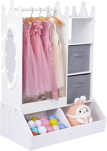 Miniatura 6 de Bophy Almacenamiento de disfraces para niñas con luz y espejo, perchero de ropa para niños con compartimento de almacenamiento, armario colgante