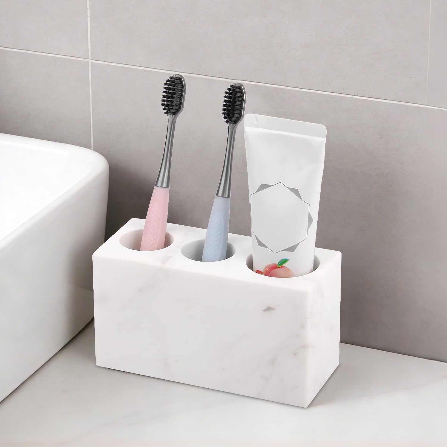 Porta Spazzolini da Denti in Marmo, Jazz Bianco, 3 Scomparti | Naturale, Organizer da Bagno, Portaspazzolini, Spazzolino Elettrico, Penne, Rasoi