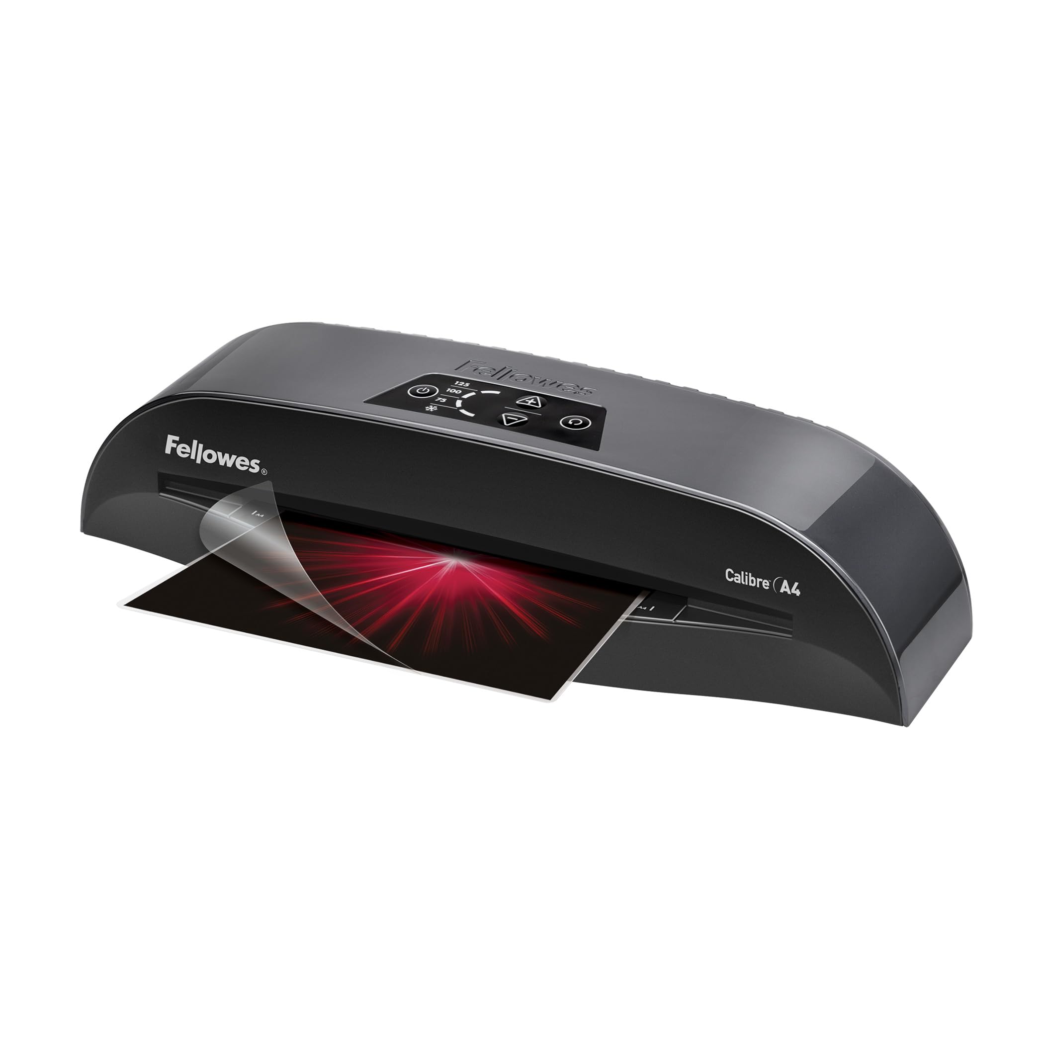 Fellowes Plastificatrice A3 Calibre per piccoli uffici, Pronta in 1 minuto con Spegnimento e modalità Riposo, 80-125 Micron, Kit con 10 fogli A4 per plastificazione incluso, Nero