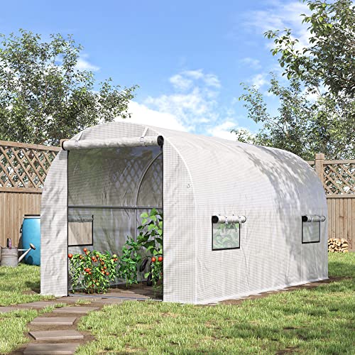 Outsunny 10' X 7' X 6' Walk-In Pe Greenhouse With 2 Roll-Up Zipper Doors & 6 Roll-Up Windows For Plants, White #TOP1
