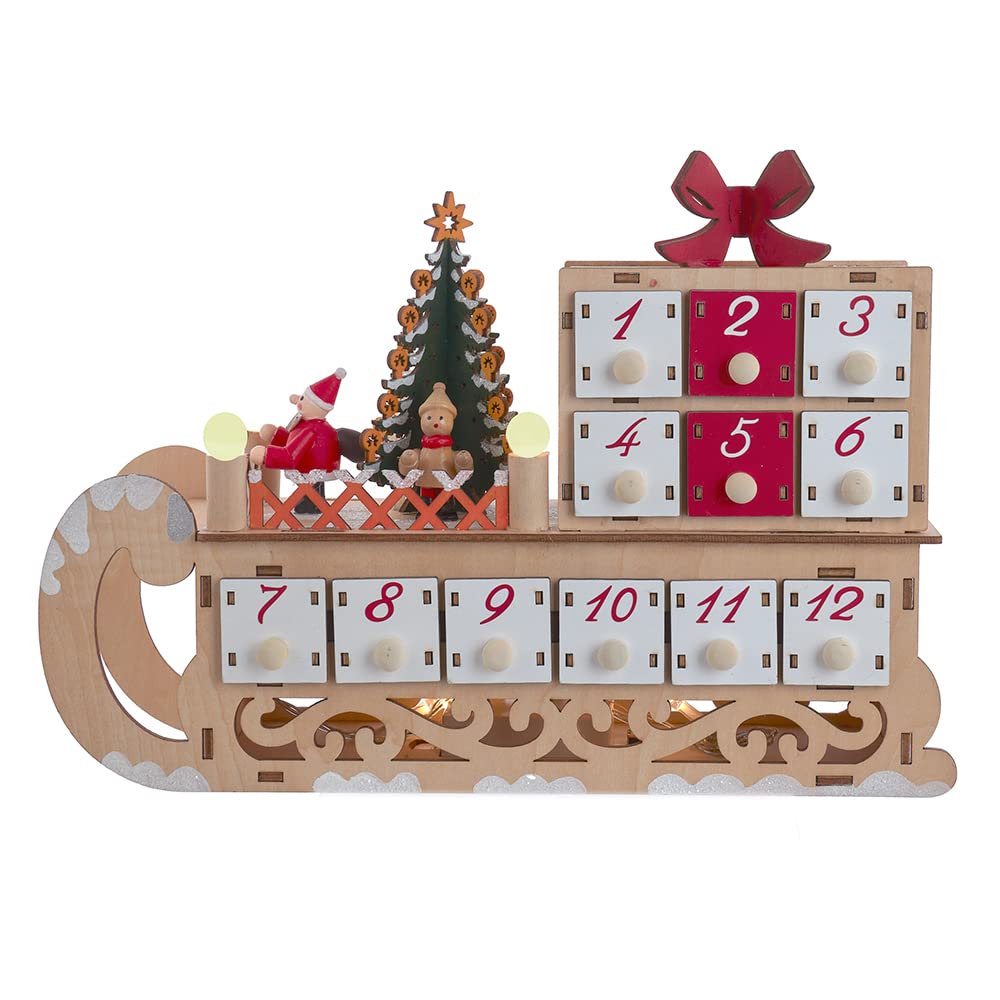 Kurt S. Adler Kurt Adler Adventskalender, batteriebetrieben, 6 LEDs, Weihnachtsmann-Schlitten, 21,6 cm, Hellbraun