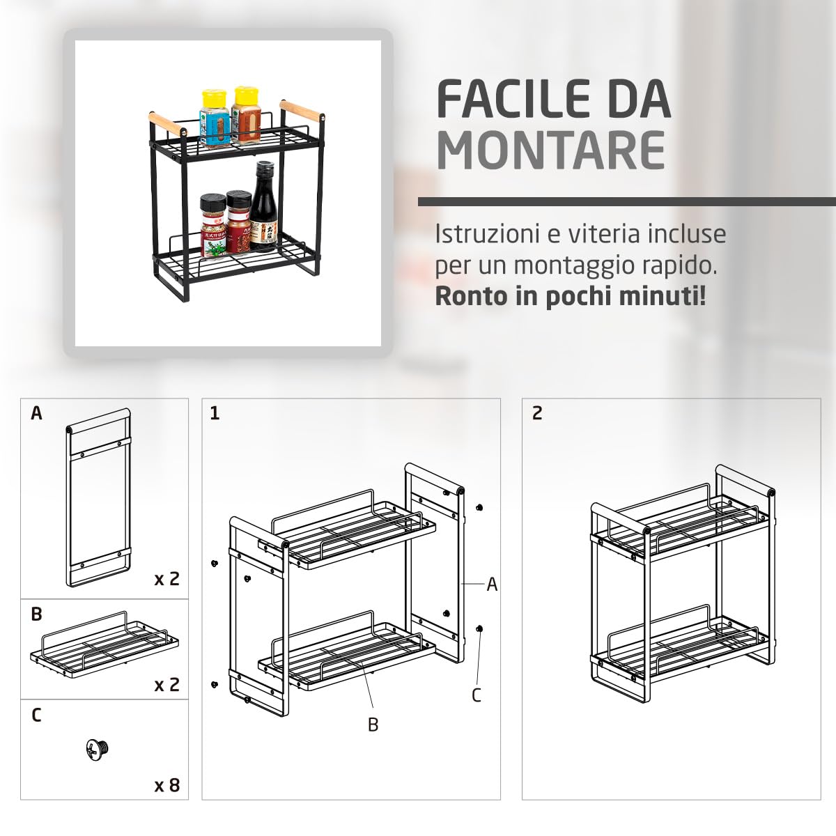 Amig - Scaffale Portatile a 2 Livelli - Organizer per Cucina o Bagno - Acciaio Nero e Bambù - Dimensioni: 260 x 130 x 287 mm