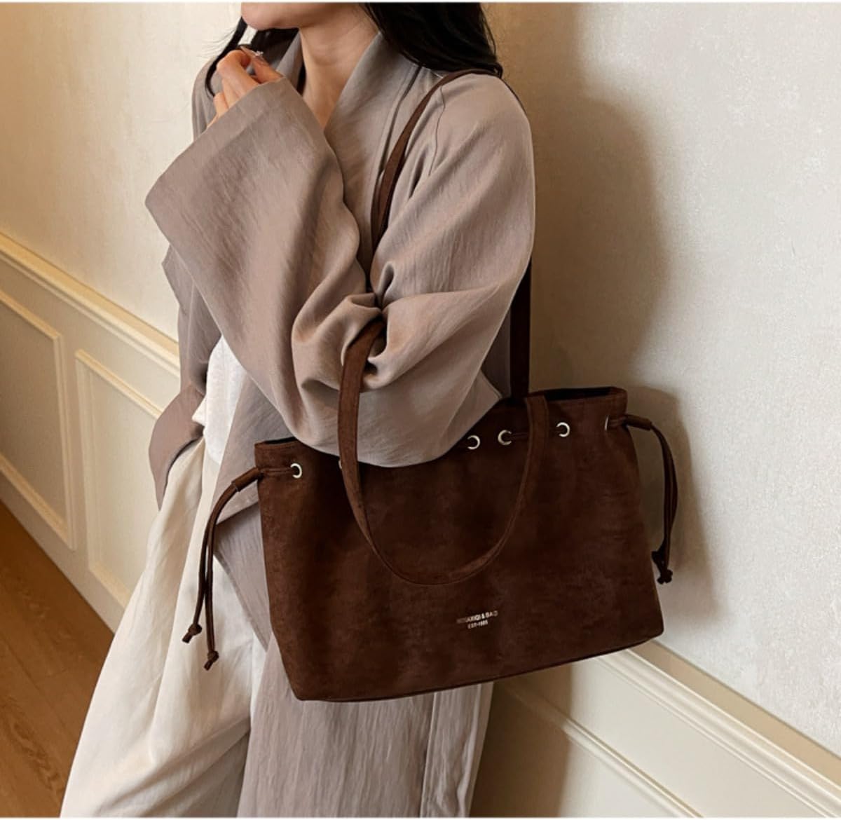 Retro Suede Bucket Purse Causal Travel College Crossbody Bag Drawstring Handbag Purse for Women Shouder Straps Tote