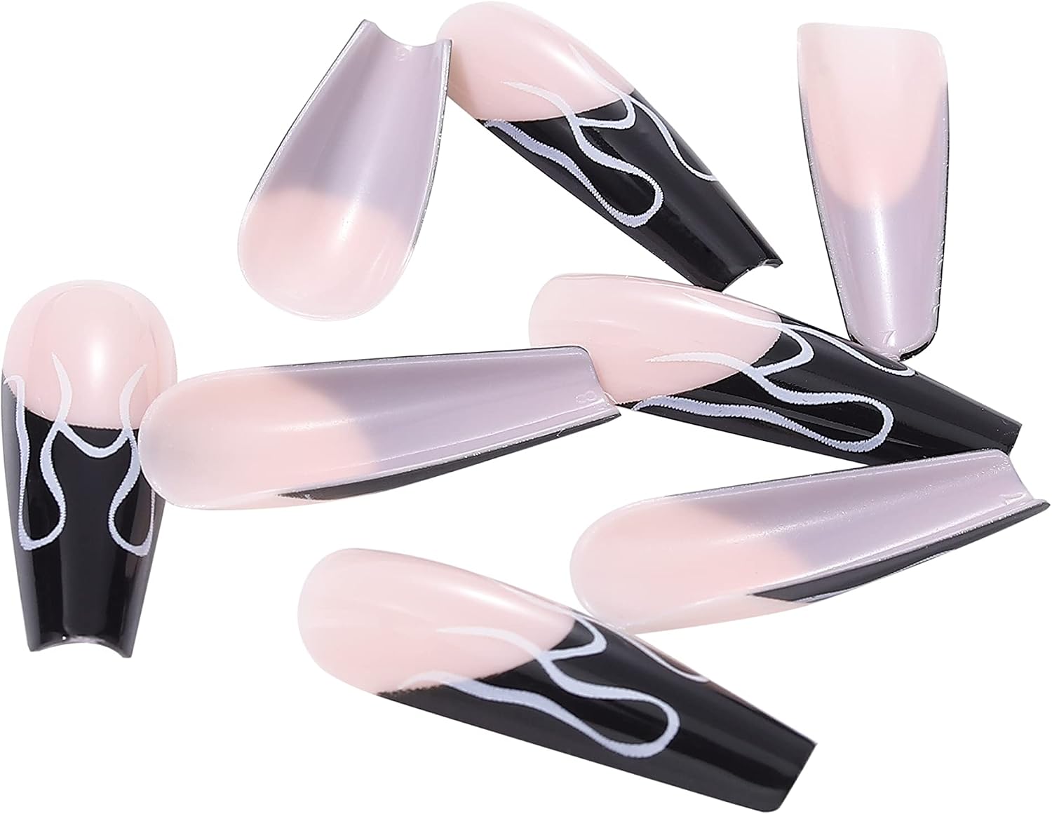 Vatocu Halloween Coffin Glossy False Nails French Black Press on Nails Long White Flame Fake Nails Pink Full Cover Ballerina Acrylic Stick on Nail for Women and Girls (24pcs) - Image 5
