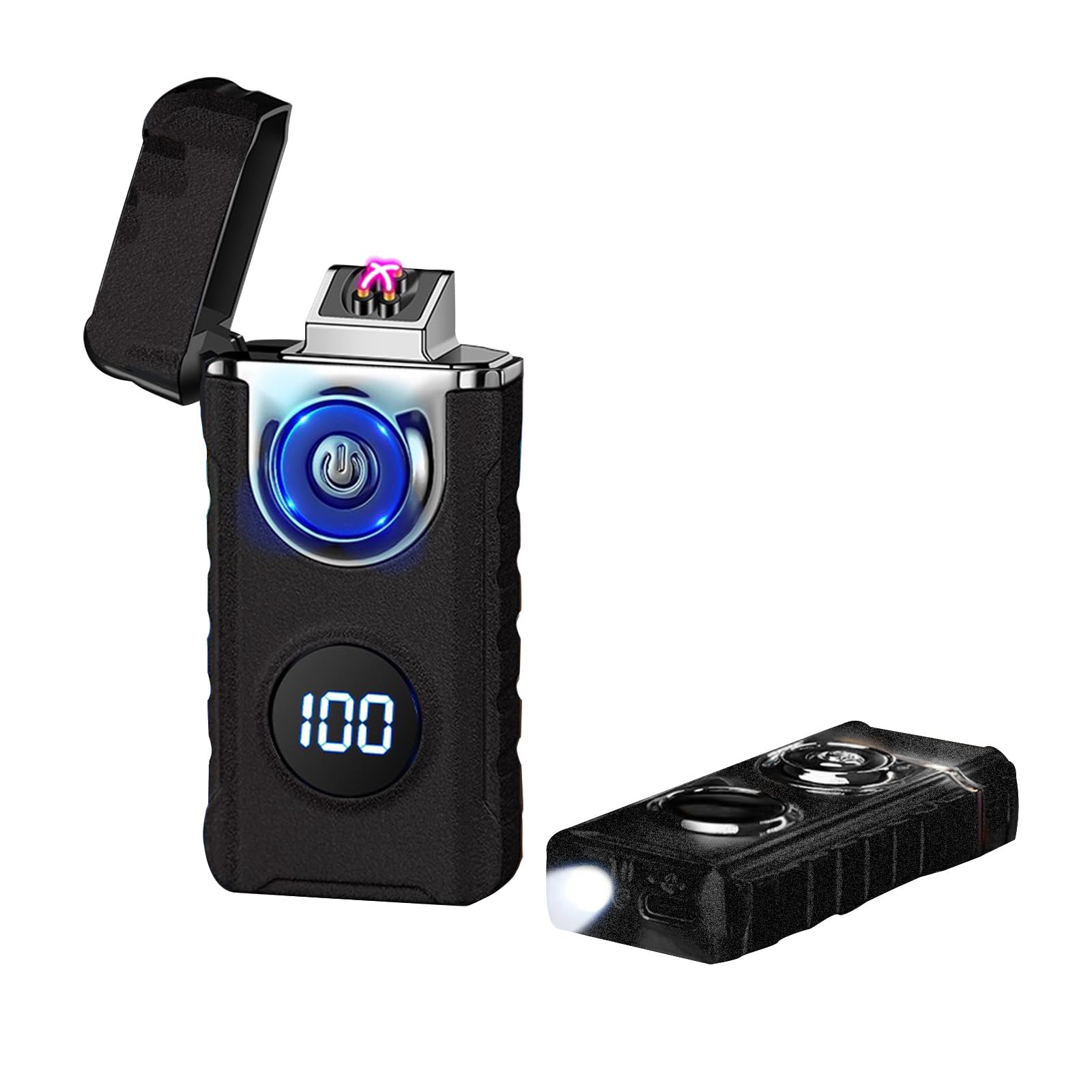 Electric Lighter Rechargeable Lighter Dual Arc Lighter Plasma Lighter Metal Flameless Lighter Windproof Lighter Cool Lighters with LED Display for Outdoor Adventure,Camping (Black Frosted)