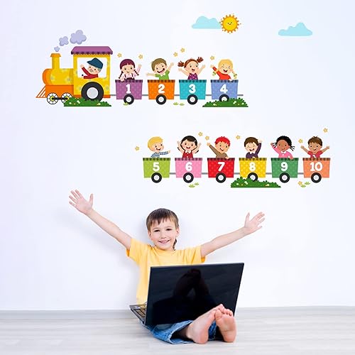 Miniatura 3 de Calcomanías de pared con números de tren para niños, figuras de colores de aprendizaje preescolar, calcomanías de pared para despegar y pegar,