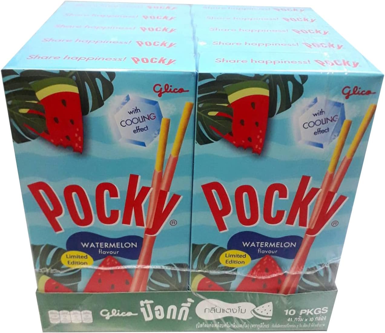 Glico Pocky Watermelon Flavour Biscuit Sticks, 36 g, 10 Pack, Blue & Red, Green