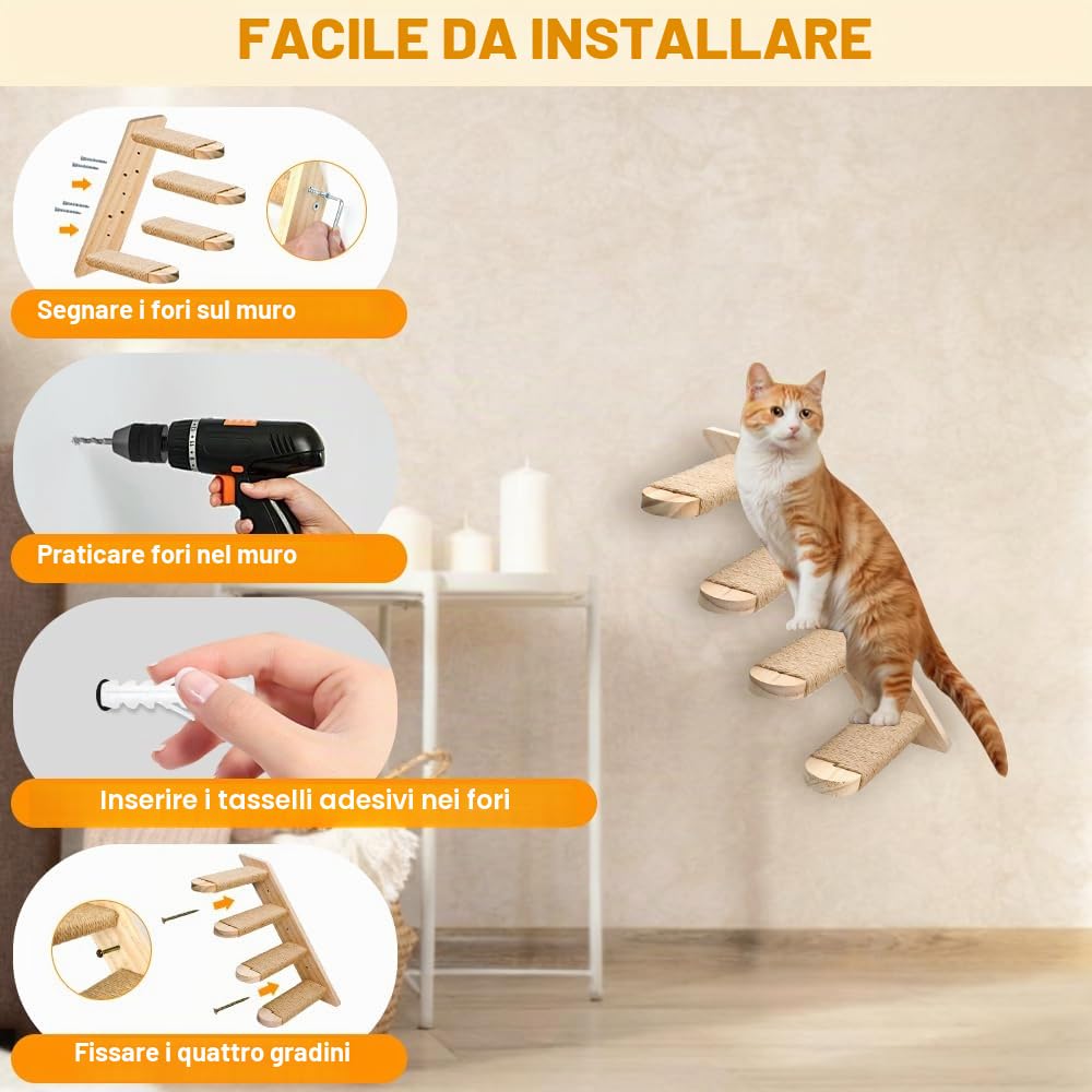 Scala da Parete per Gatto per arrampicata,Scaletta per Gatto con Corda di Luta,4 Scale e Gradini da Parete per Gatti,Montata a Muro per Arrampicata, Giocare, Rilassarsi