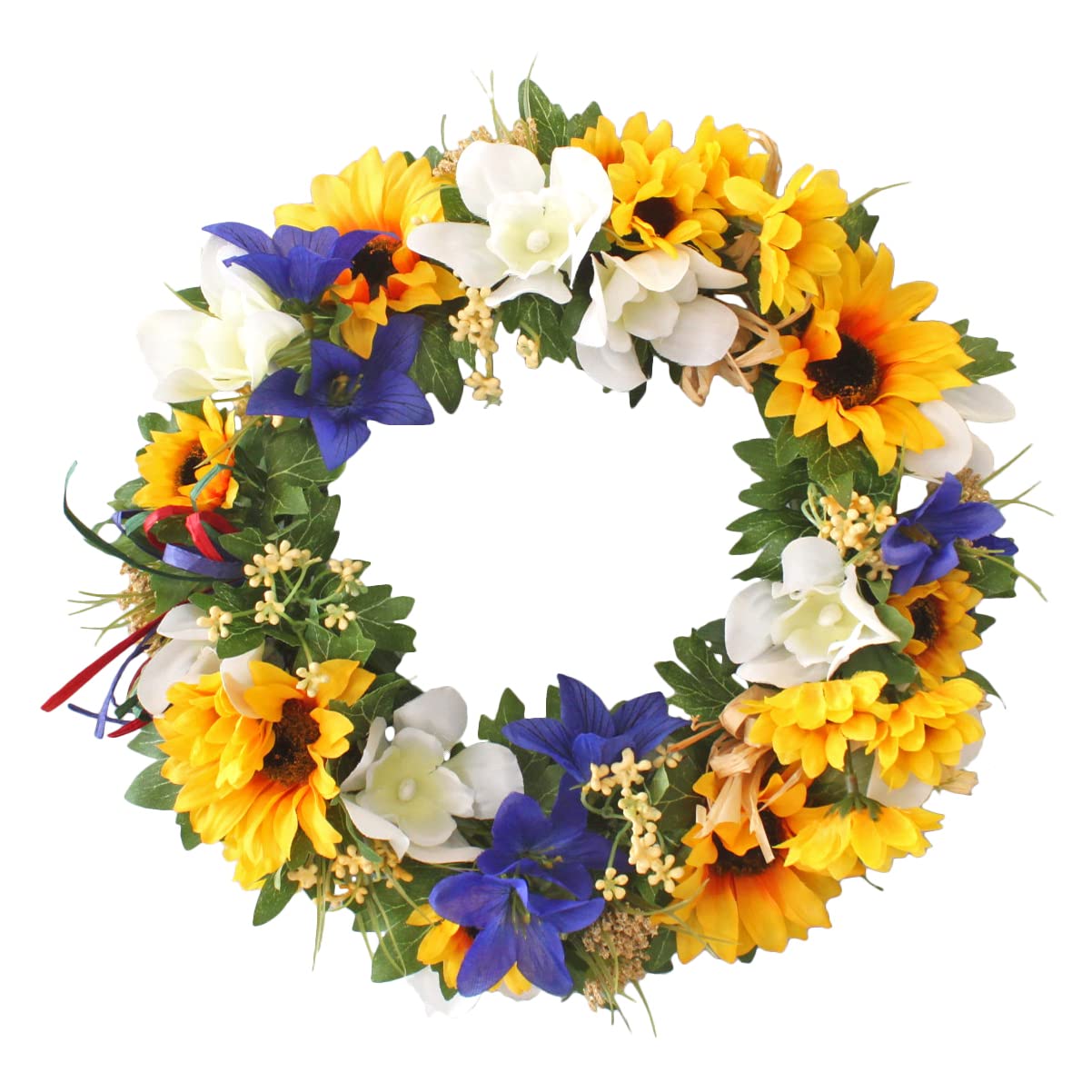 Amazon｜山久 造花 プルメリアとききょうのひまわりリースのアレンジ
