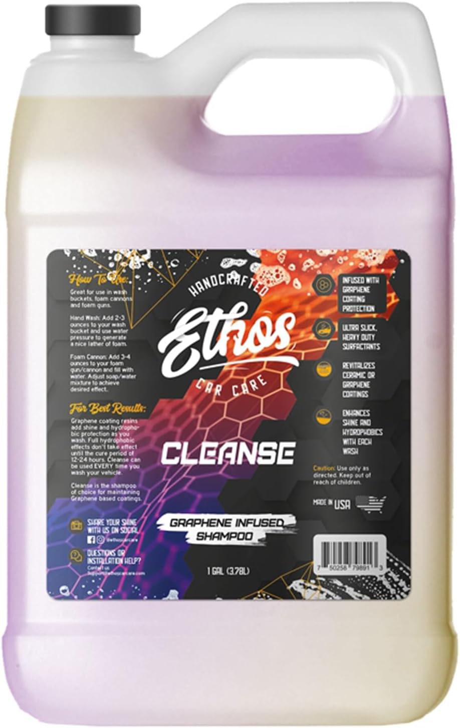 Ethos Cleanse for Cars Graphene Shampoo, Ceramic Coating Infused Car Wash Soap, High Lubricity Car Cleaning Shampoo for Coated, Waxed & Untreated Vehicles