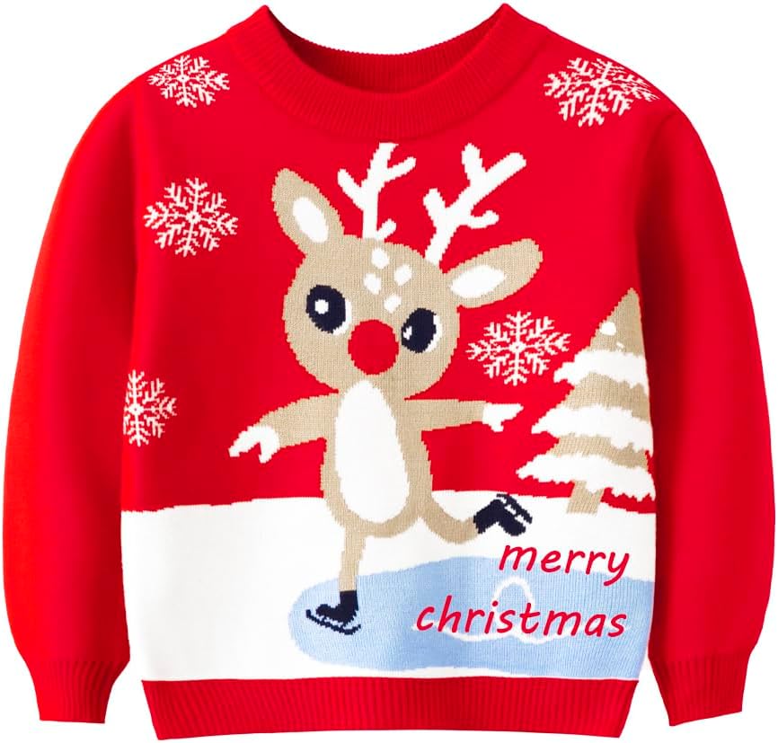 Girl Ugly Christmas Sweater - Big Boys Knitted Snowman Reindeer Xmas Holiday Pullover Sweater Kids Red 8-16 Years Old