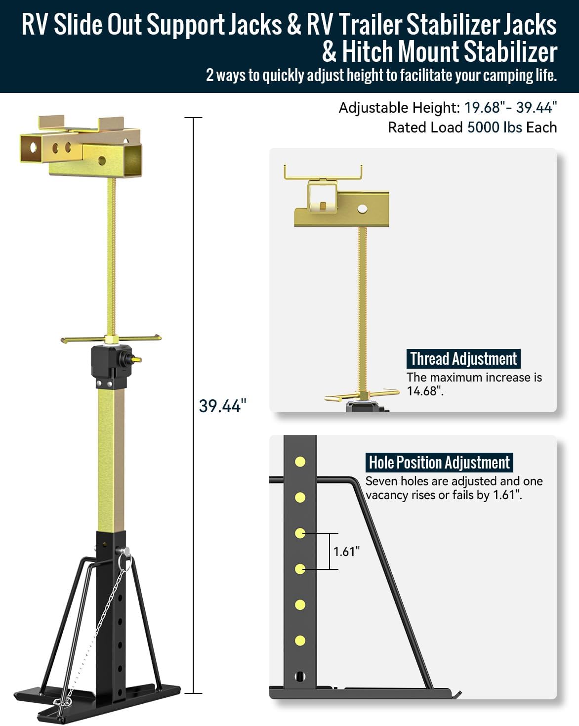 New Upgraded Triple Multi-Purpose RV Slide Out Support Jack & RV Trailer Stabilizer Jack & Hitch Mount Stabilizer [Allow Drill], 19.68" to 39.44" Adjustable, Supports Up to 5,000 lbs (1 Pcs)