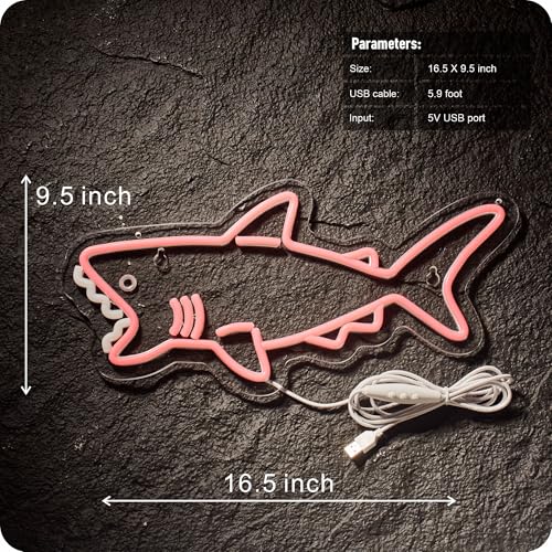Image of Pink shark neon sign for wall decor cute pink shark LED light wih Dimmer