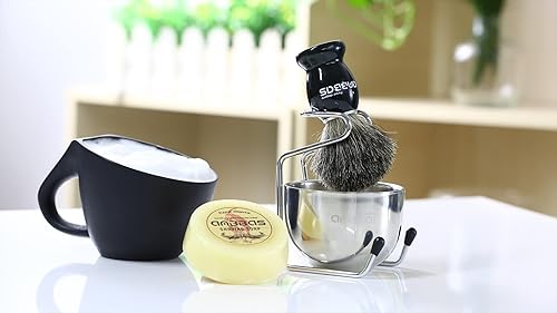 Miniatura 2 de Anbbas Pure Badger Bristles Brocha de afeitar con mango de madera negra y barra de jabón de repuesto de 3.53 oz, soporte de afeitado de acero