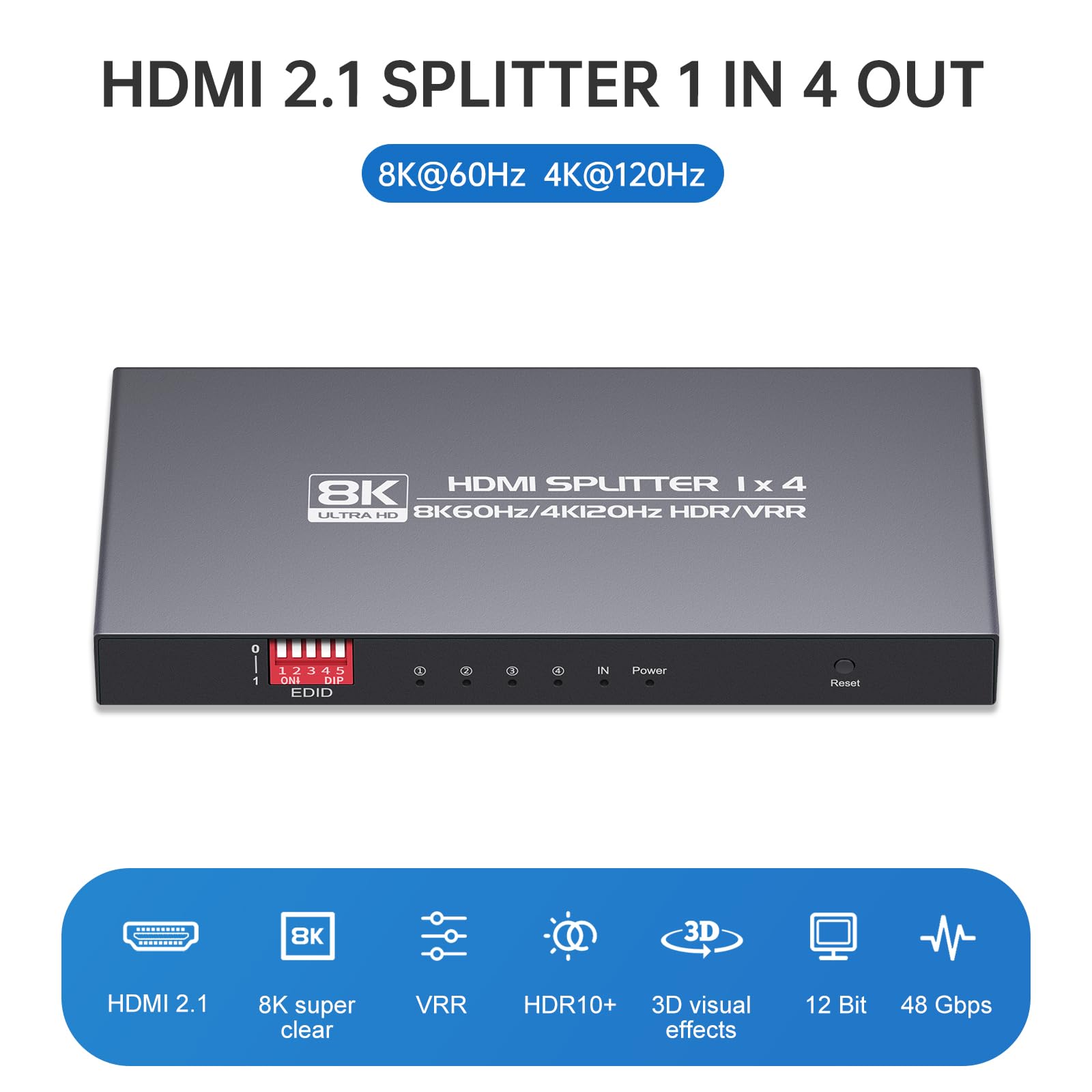 Divisor HDMI 8K 1 en 4 salidas 4K120Hz, divisor HDMI 2.1 1x4 8K60Hz, modo EDID Downscaler, sincronización de luz hue, compatible con Xbox Series X, PS4 Pro, PS5, reproductor Blu-ray