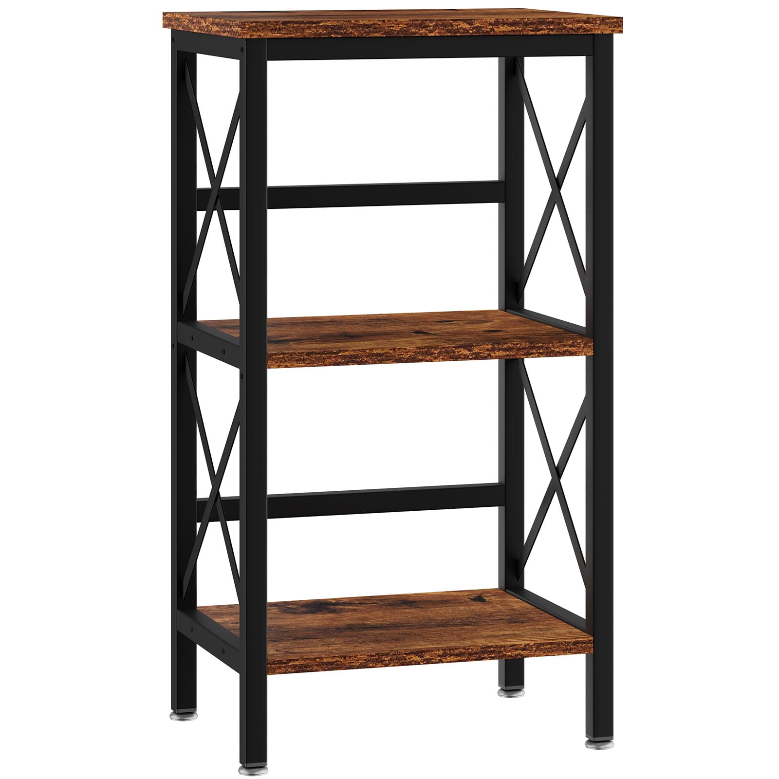 YMYNY Bücherregal, Standregal mit 3 Ablagen, Stabiles X-Rahmen, Verstellbare Füße, Einfachmontage, 40×29×75cm, für Wohnzimmer, Schlafzimmer, Küche, Arbeitszimmer, Badzimmer, Rustikales Braun HST008H