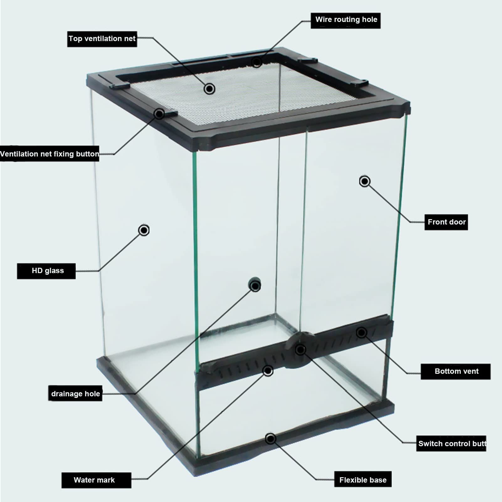 Terrario para Reptiles, Caja de alimentación Transparente de Vidrio, Caja de cría para Reptiles y Anfibios, Insectos, araña, Tortuga, Serpiente (60 * 45 * 90cm)
