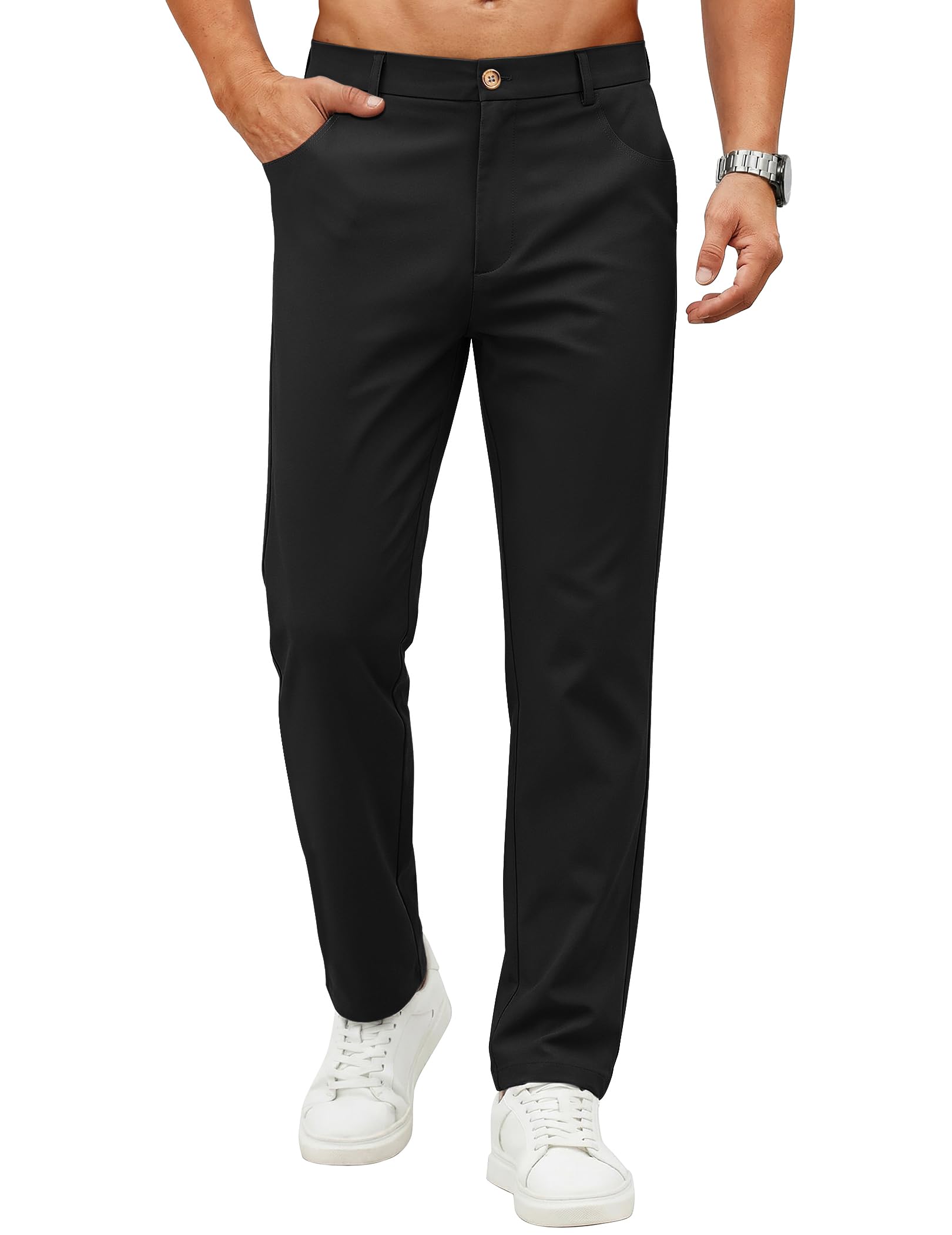 COOFANDY Mens Casual Pants Elastic Waist Flat Front Dress Slacks Regular Fit Stretch Golf Pants Work Office Trousers
