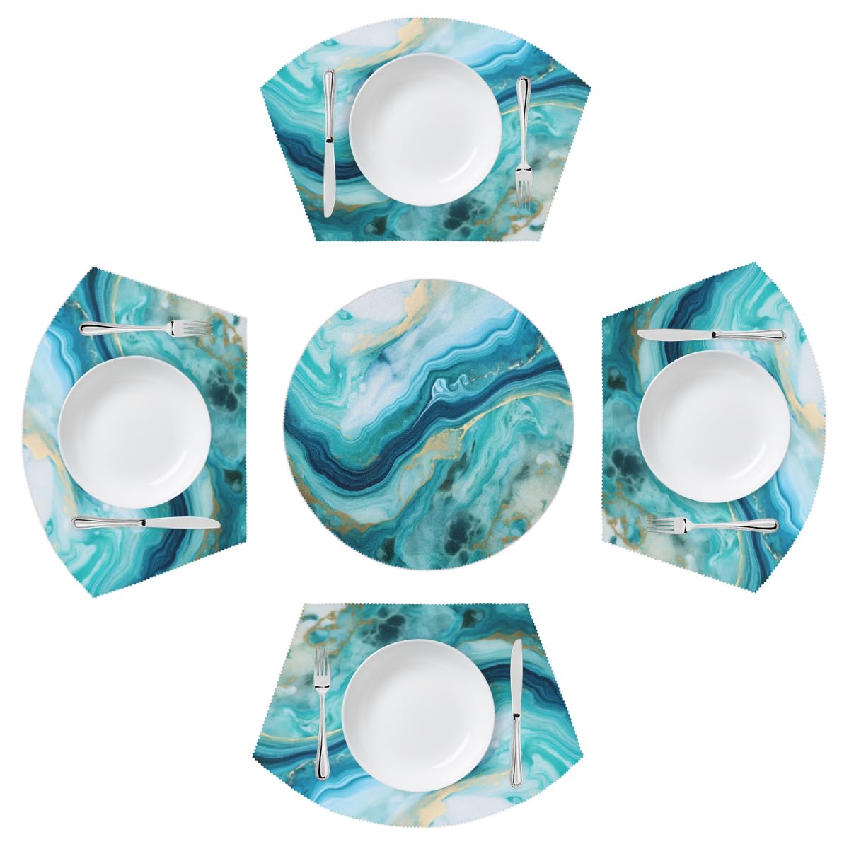 Mexpekil Teal Turquoise Liquid Marble Print Placemats Set of 4 for Round Table Wedge Place Mats with Centerpiece Heat Resistant Washable Plate Mats for Kitchen (5 Pcs)
