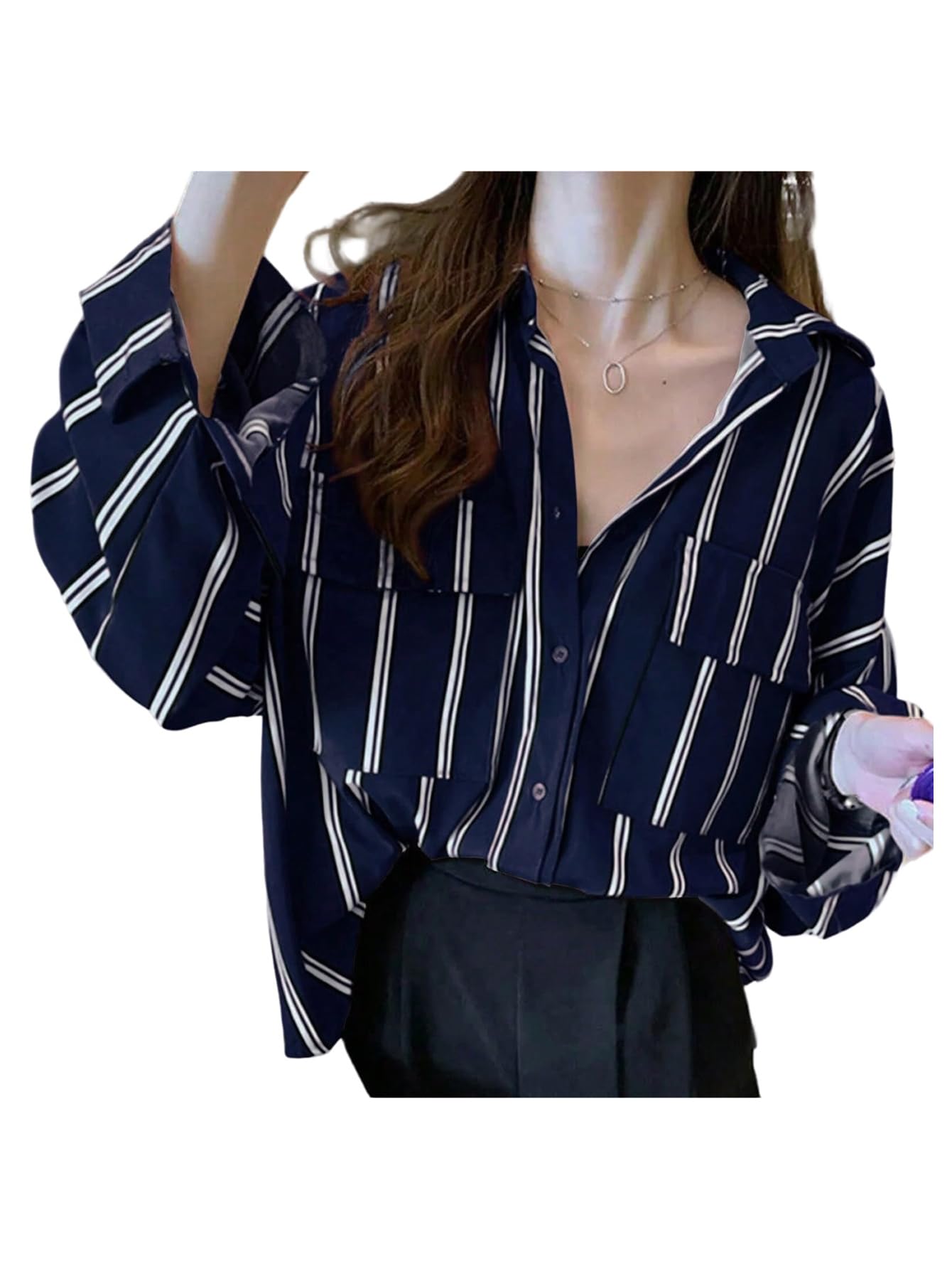 SHENHE Women's Casual Button Down Striped Shirts Drop Shoulder Blouse Long Sleeve Shirt with Pockets 2025