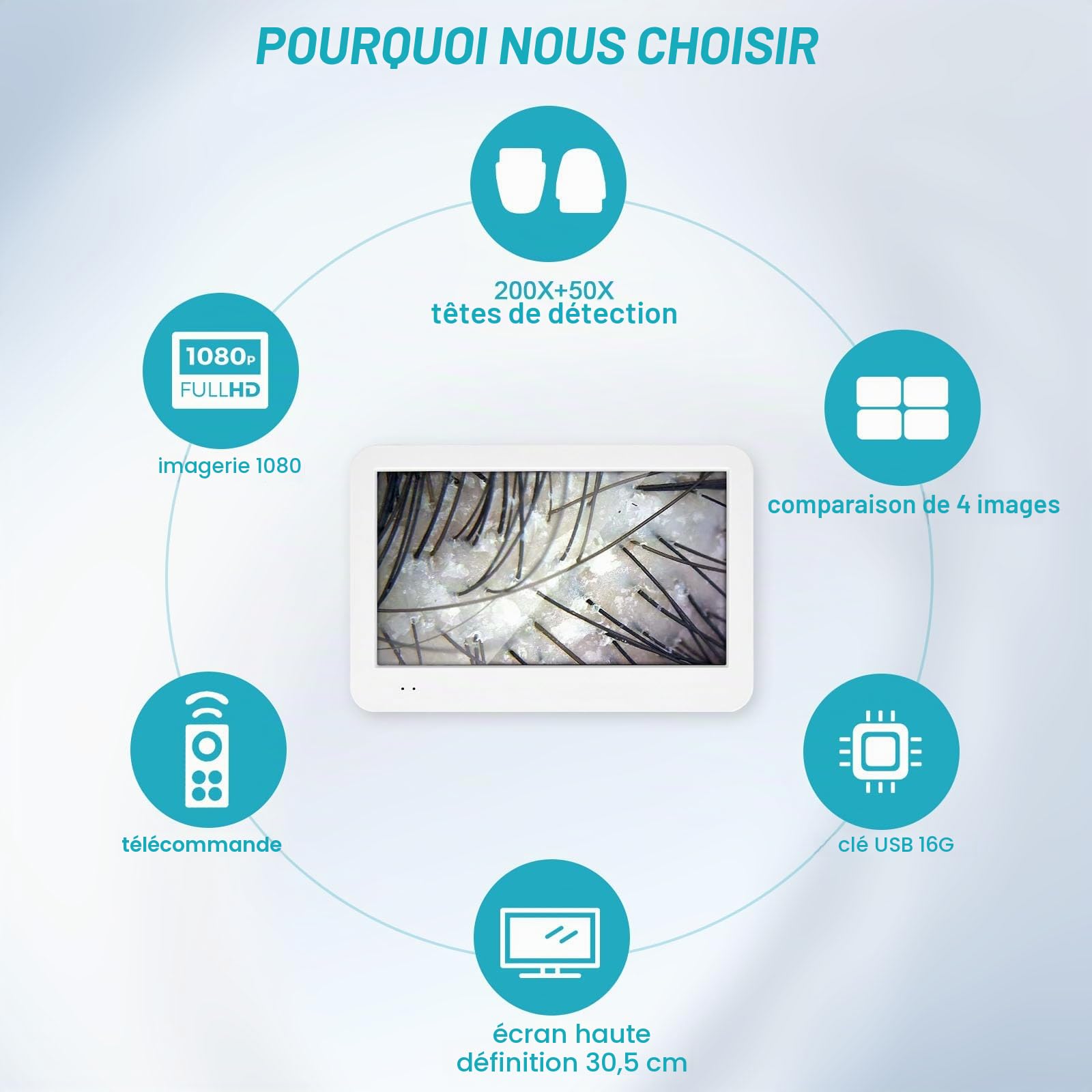 Analyseur de cheveux de peau, 30,5 cm LCD numérique pour analyse du cuir chevelu, 50 x 200 x, portable, rechargeable, huile de follicule pileux, détecteur d'humidité, testeur de pigment de peau