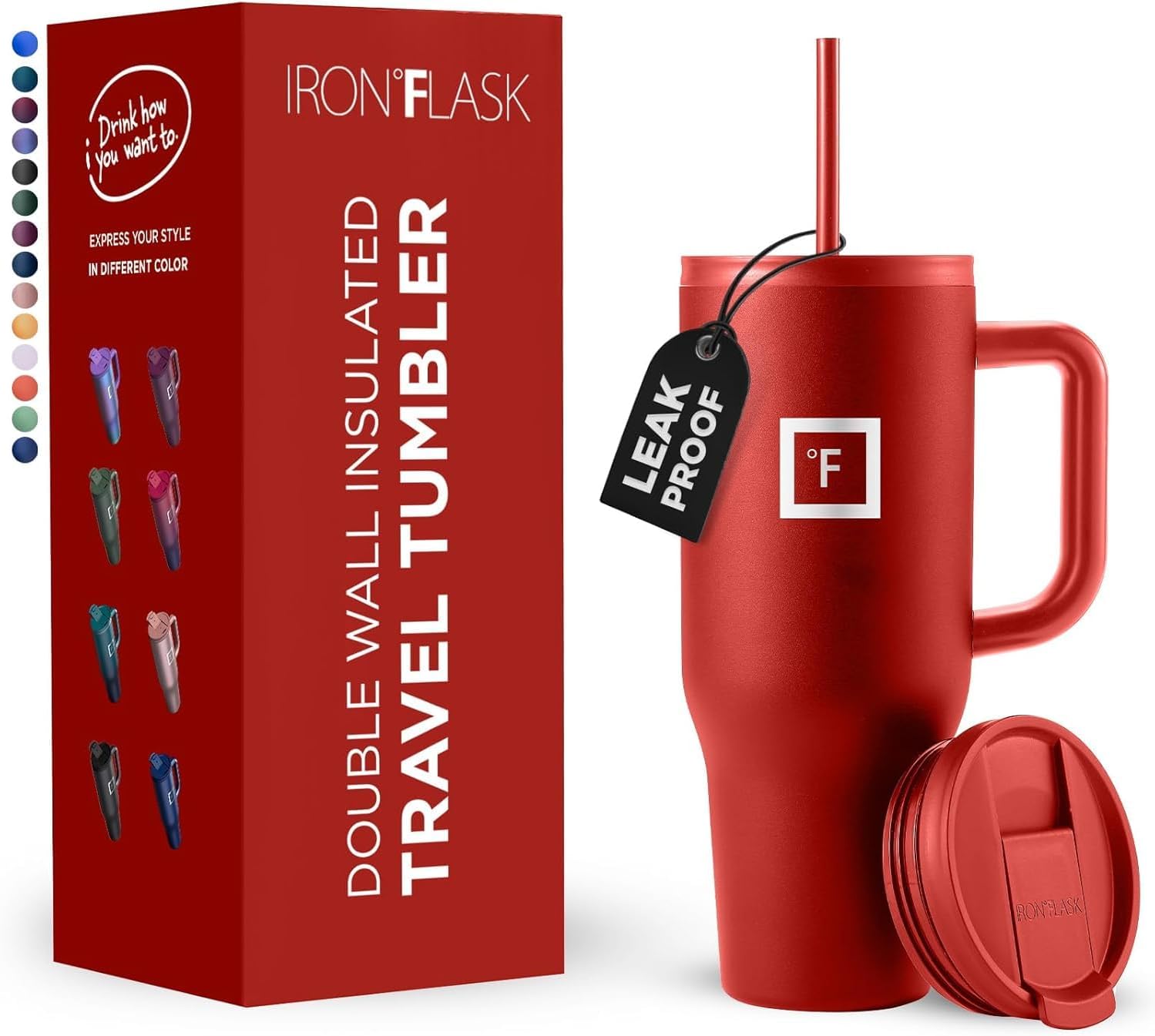 IRON FLASK Co-Pilot Insulated Mug w/Straw & Flip Cap Lids - Cup Holder Bottle for Hot, Cold Drink - Leak-Proof- Water, Coffee Portable Travel Tumbler - Fire Red, 40 Oz