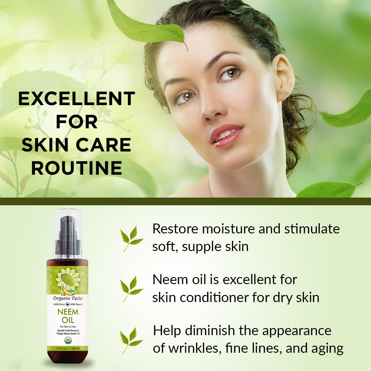 Organic Veda Neem Oil - Pure, Cold Pressed & Organic Neem Oil for Skin, Hair, Face, Body, Scalp - Natural Moisturizer, Virgin Neem seed oil - Rich in Vitamin E, Fatty Acids, Antioxidants - 3.4 fl oz