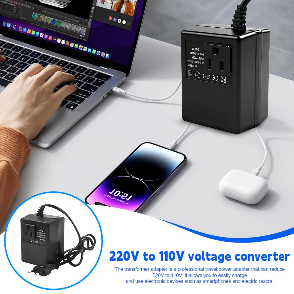 Spannungswandler Transformator 220V auf 110V, 200W Netzadapter Schritt Runter Stromkonverter, Reisestromadapter Spannungswandler mit EU Stecker für Luftreinigern verwendet,Computern Minikameras