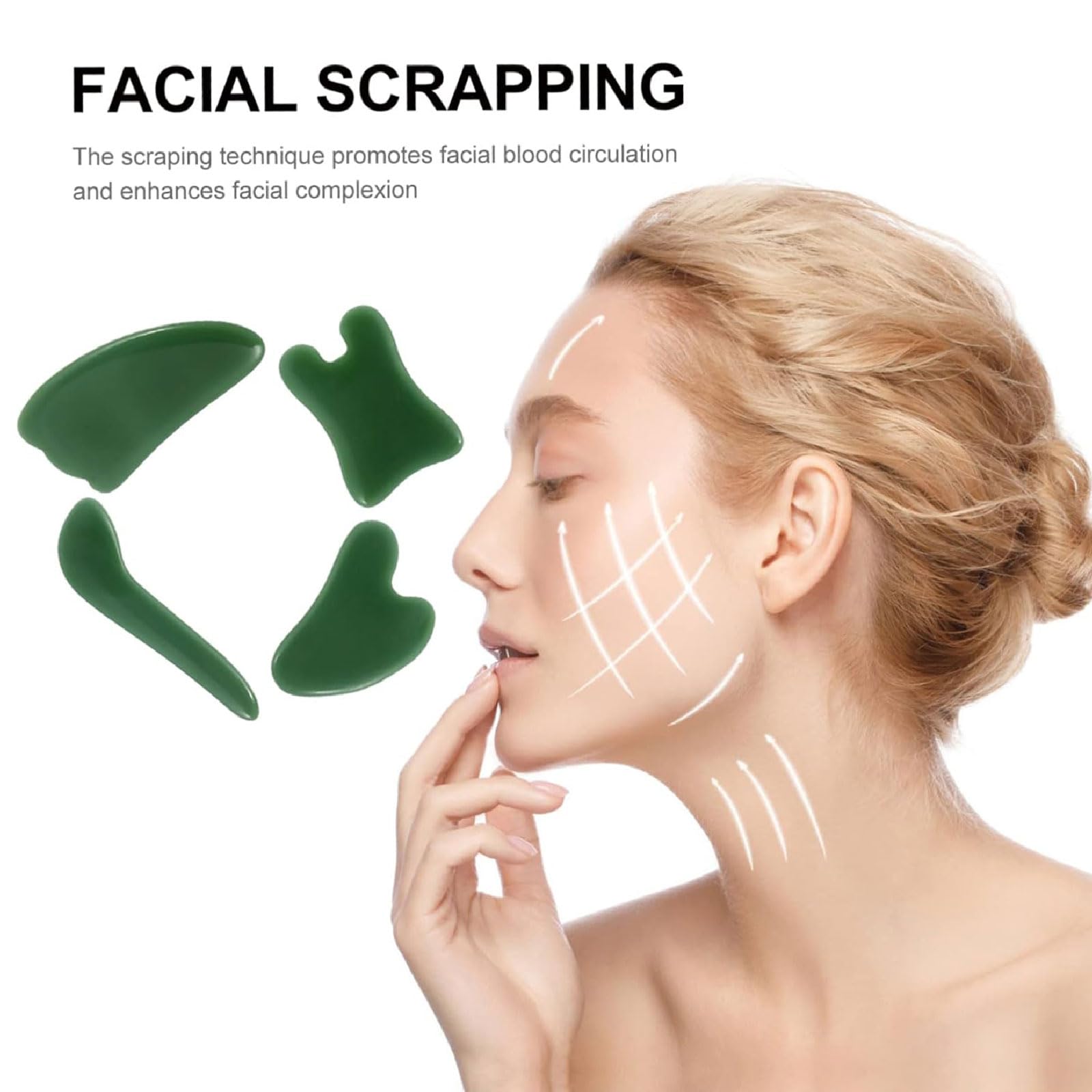 Raschiamento del viso Confezione da 4 pezzi di tavola Gua Sha in giada Kit di strumenti per massaggio cinese Gua Sha Tavola Gua Sha portatile per scolpire la mascella Strumento di massaggio