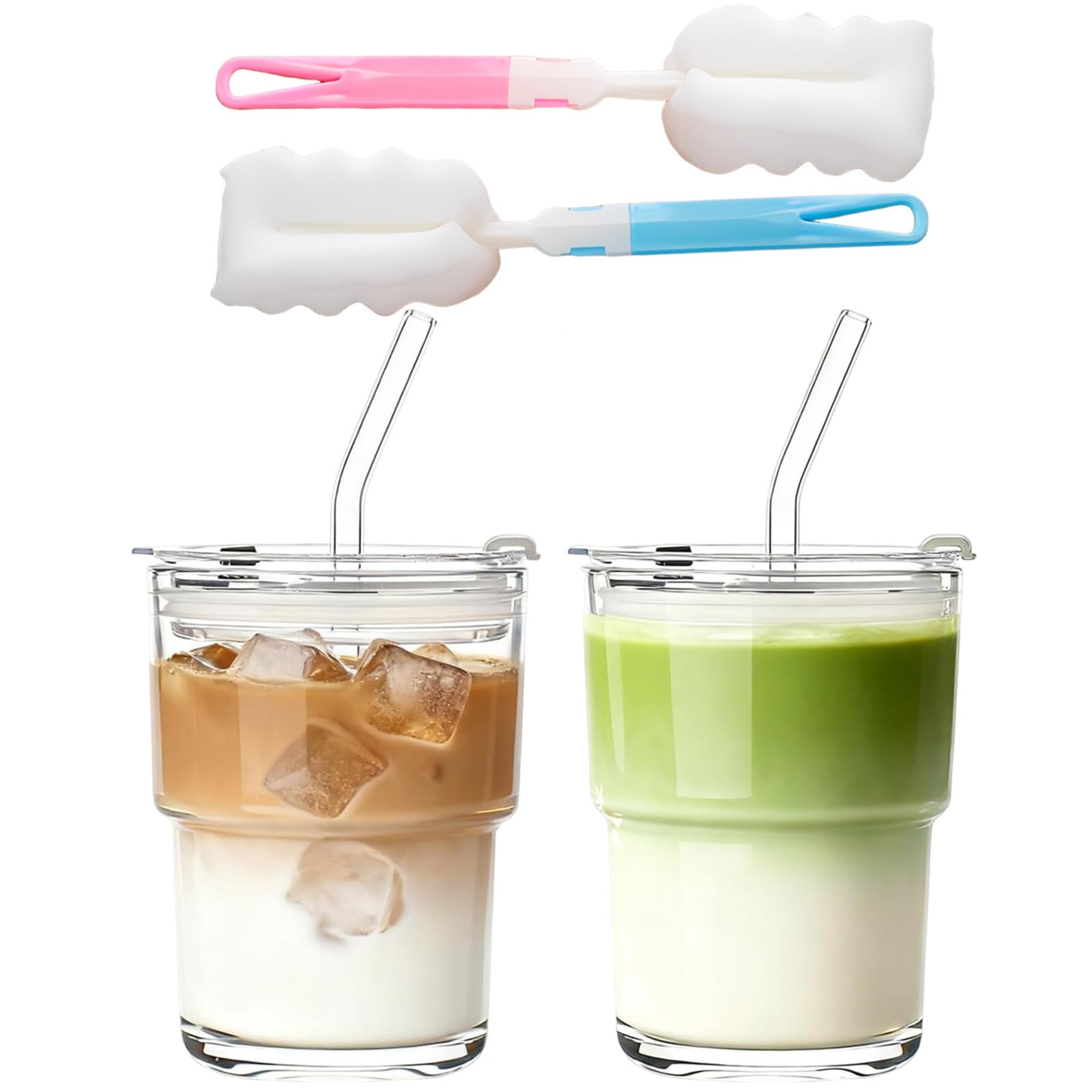KFSCIP Iced Coffee Cup, Matcha Glass, 4-Piece Set with Straw and Lid, Glass TumblerIced Coffee Cups with Lids, Matcha Cup