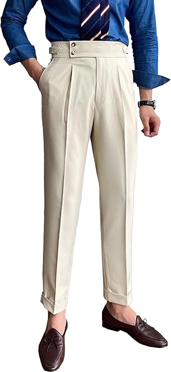 Mens High Waist Vintage Lounge Trousers Classic Fit Buckle Pleated Pants Solid Color Lawyer Business Pant
