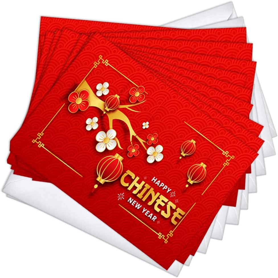 Wright Home & Gift Lanterns and Tree Branch Chinese New Year Greeting Cards | 20 Pack Bulk Set + 20 Envelopes (5x7)